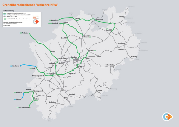 Zu sehen ist eine Grafik welche die Landesgrenzen von NRW und alle grenzüberschreitenden SPNV Linien zeigt.