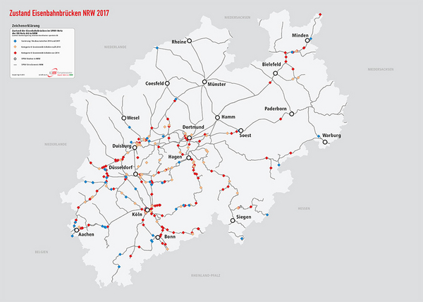 Zustandsplan Brücken, welche für den Zugverkehr genutzt werden in NRW aus 2017.